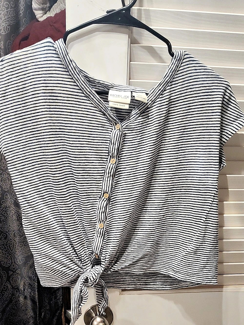 Rachel Zoe Striped Linen Tie-Front Top Blue & White S